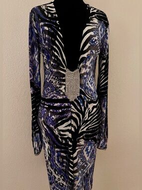 Savee Couture Blue & Black Zebra Print Long Sleeve Dress with Rhinestone Detail